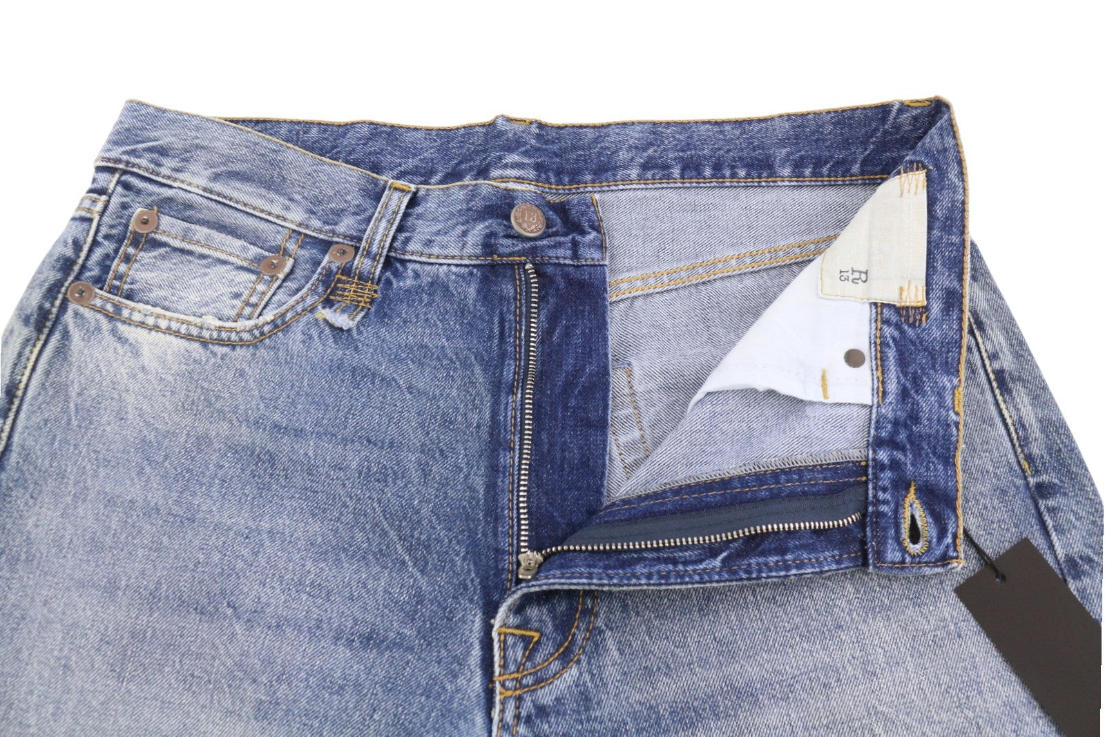 R13 Boyfriend Women Jeans 28 Jasper Whiskers Faded Cropped Blue PF25 RRP699