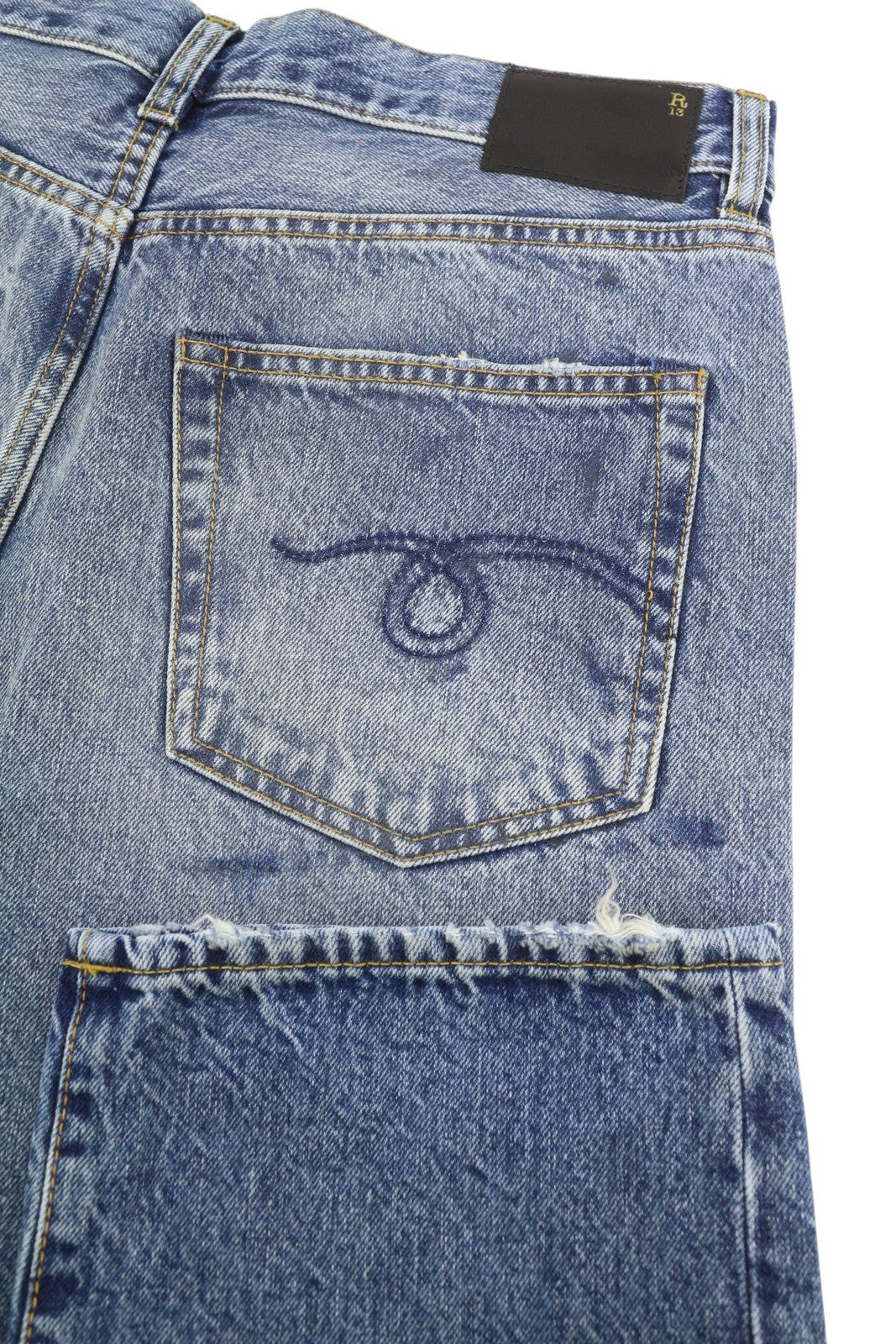 R13 Boyfriend Women Jeans 28 Jasper Whiskers Faded Cropped Blue PF25 RRP699