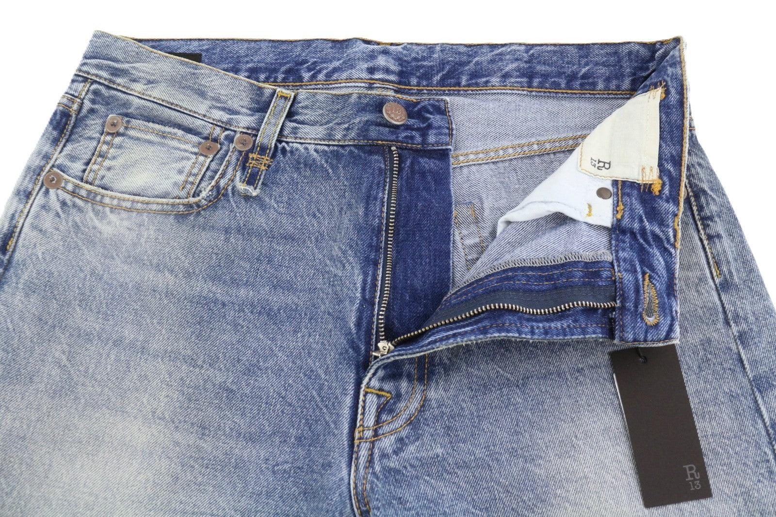 R13 Boyfriend moteriški džinsai, 28 Jasper trumpinti ūsai, skalbtos mėlynos spalvos, FW25, RRP699 