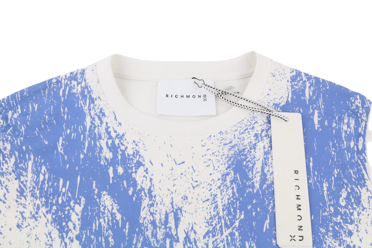 JOHN RICHMOND vyriški marškinėliai M balti apvalūs raštuoti trumpomis rankovėmis, visiems metų laikams 