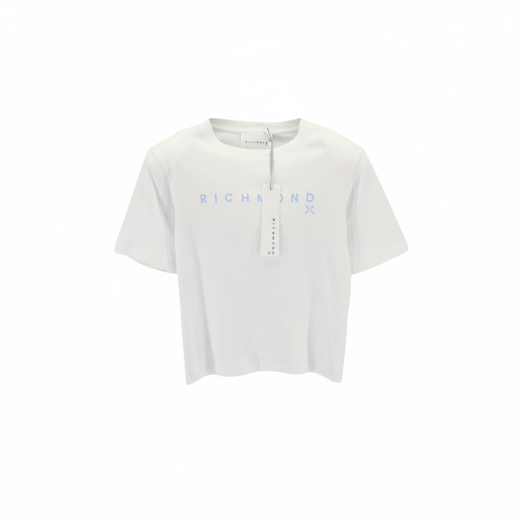 JOHN RICHMOND moteriški marškinėliai S balti su petukais ir apvaliais logotipu, trumpomis rankovėmis 
