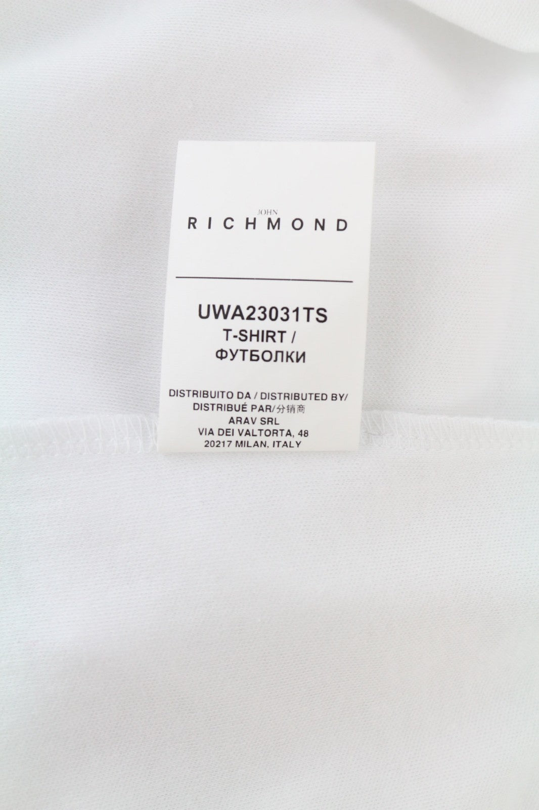 JOHN RICHMOND moteriški marškinėliai S balti su petukais ir apvaliais logotipu, trumpomis rankovėmis 