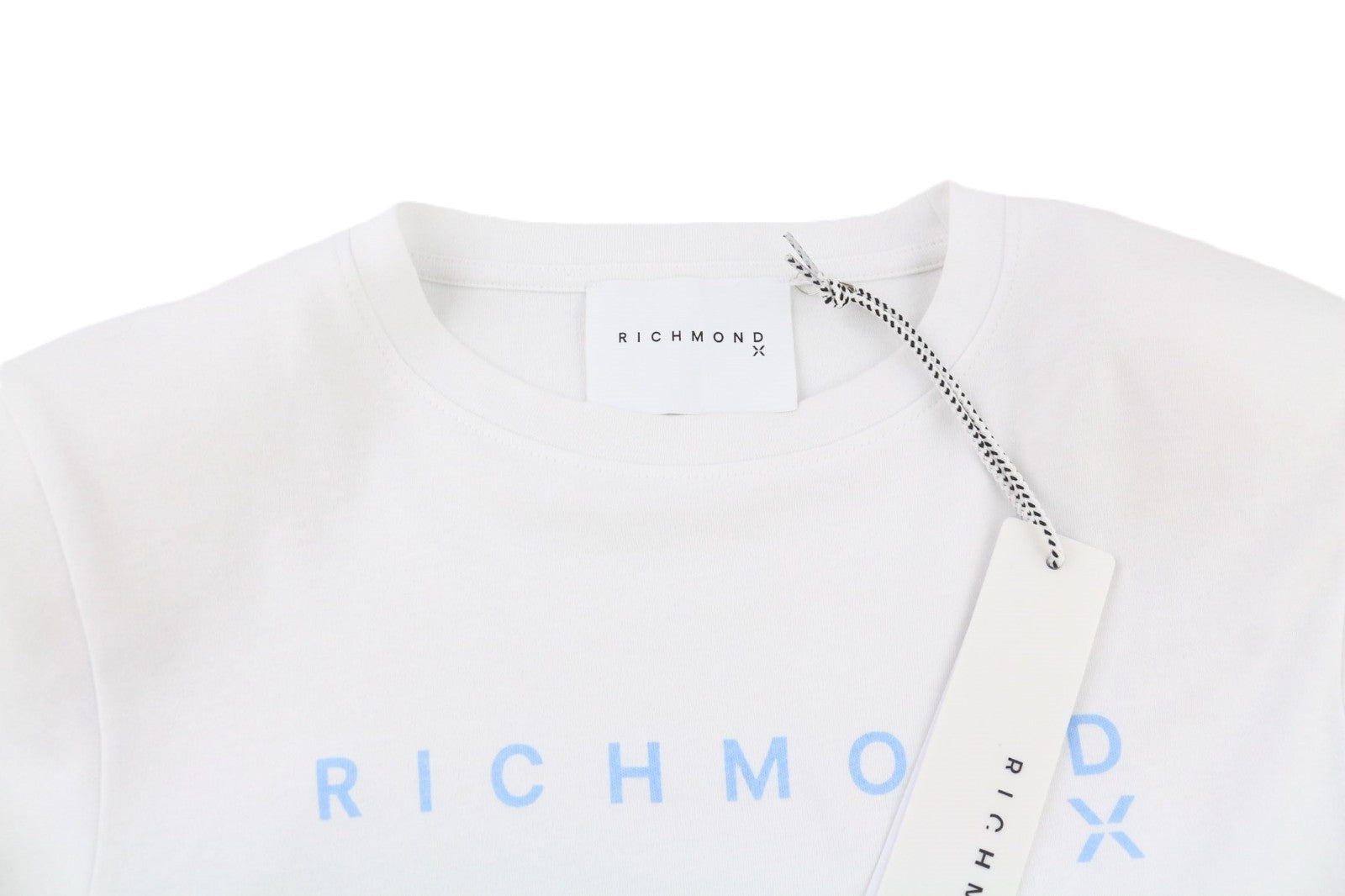 JOHN RICHMOND moteriški marškinėliai S balti su petukais ir apvaliais logotipu, trumpomis rankovėmis 