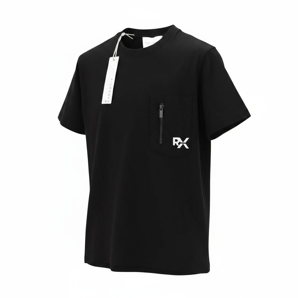 JOHN RICHMOND vyriški marškinėliai M, juodi, apvalūs, trumpomis rankovėmis, medvilniniai, su užtrauktuku ir kišene, logotipu 