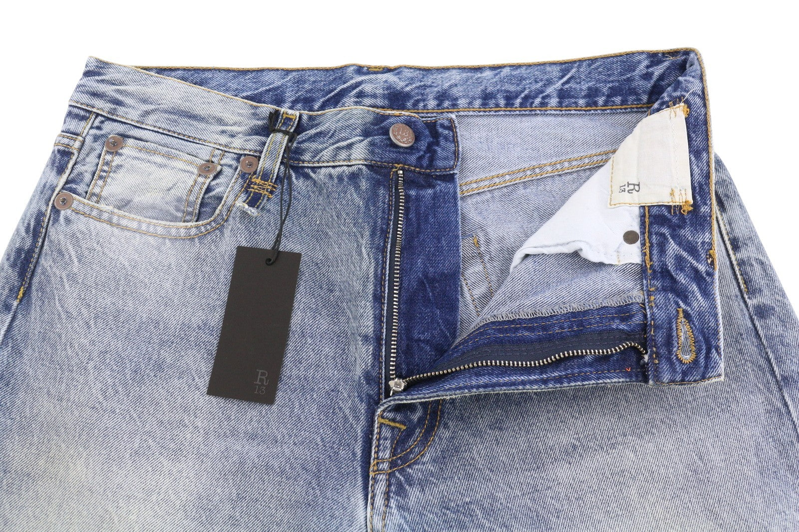 R13 Boyfriend Women Jeans 28 Jasper Cropped Whiskers Faded Blue FW25 RRP699