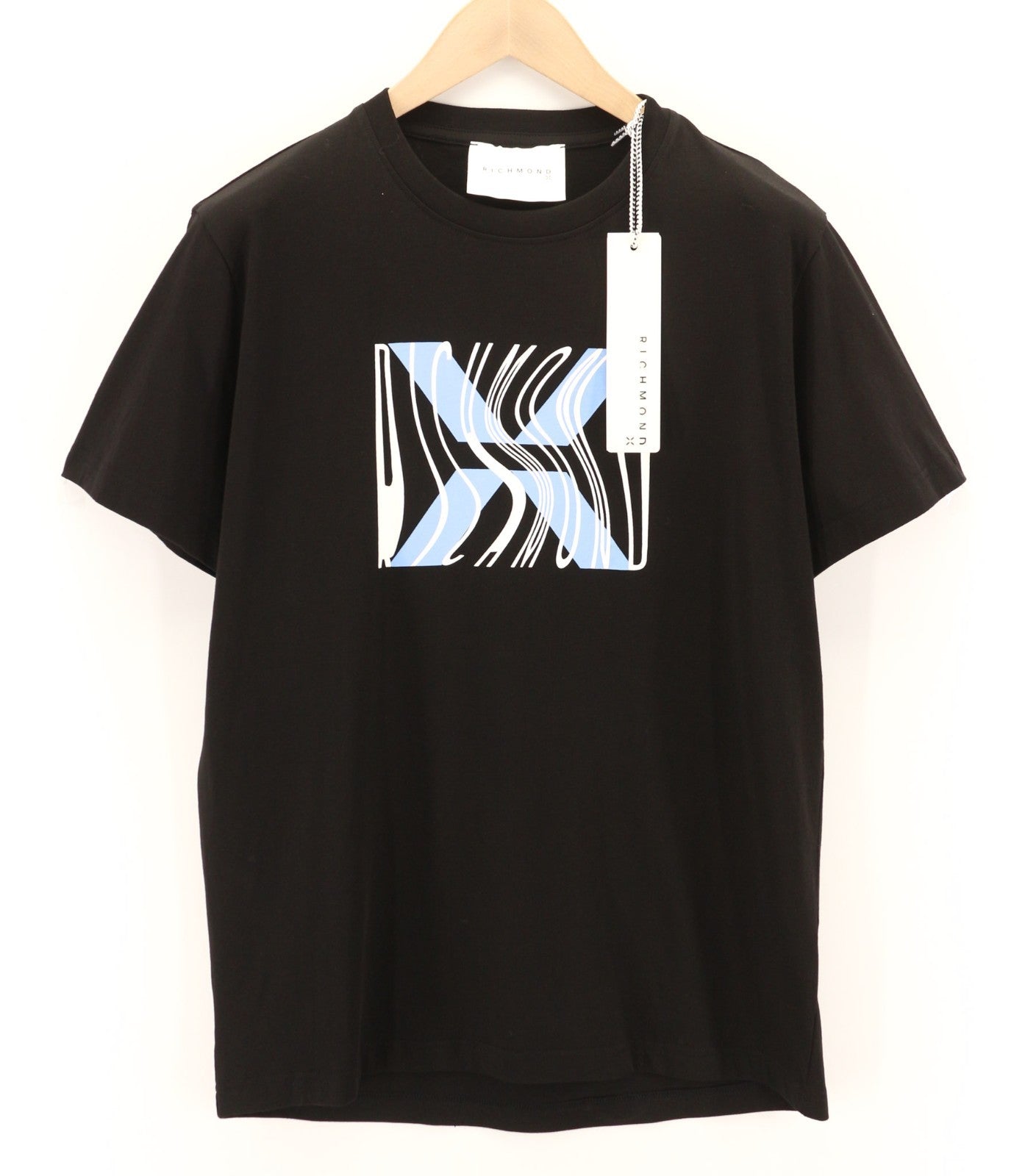 JOHN RICHMOND vyriški marškinėliai M tamsiai juodi apvalūs medvilniniai trumpomis rankovėmis su spaudiniu logotipu 