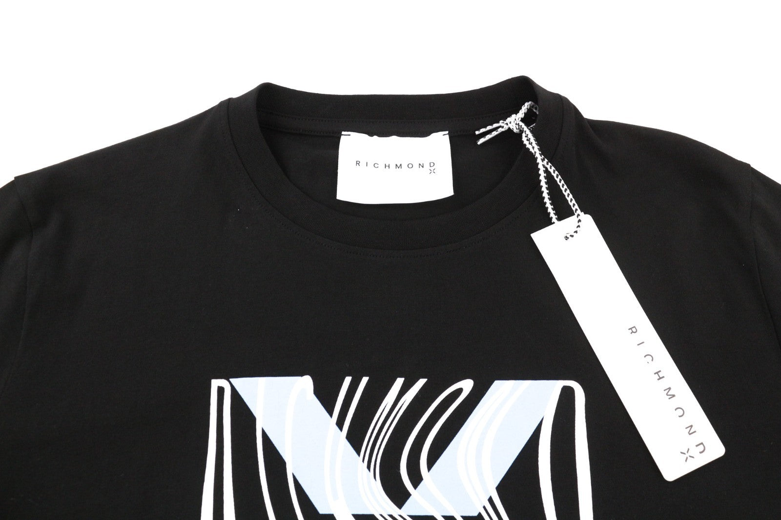 JOHN RICHMOND vyriški marškinėliai M tamsiai juodi apvalūs medvilniniai trumpomis rankovėmis su spaudiniu logotipu 