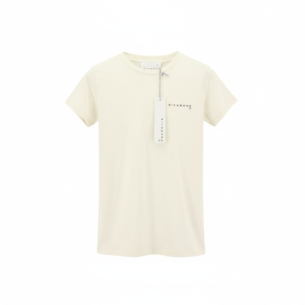 JOHN RICHMOND Women's T-Shirt S Beige Crew Cotton Short Sleeve Stretch Logo
