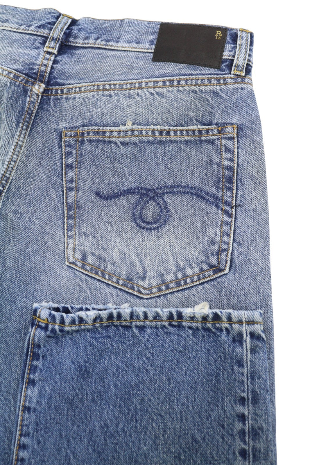 R13 Boyfriend Women Jeans 27 Jasper Cropped Whiskers Faded Blue PF25 RRP699