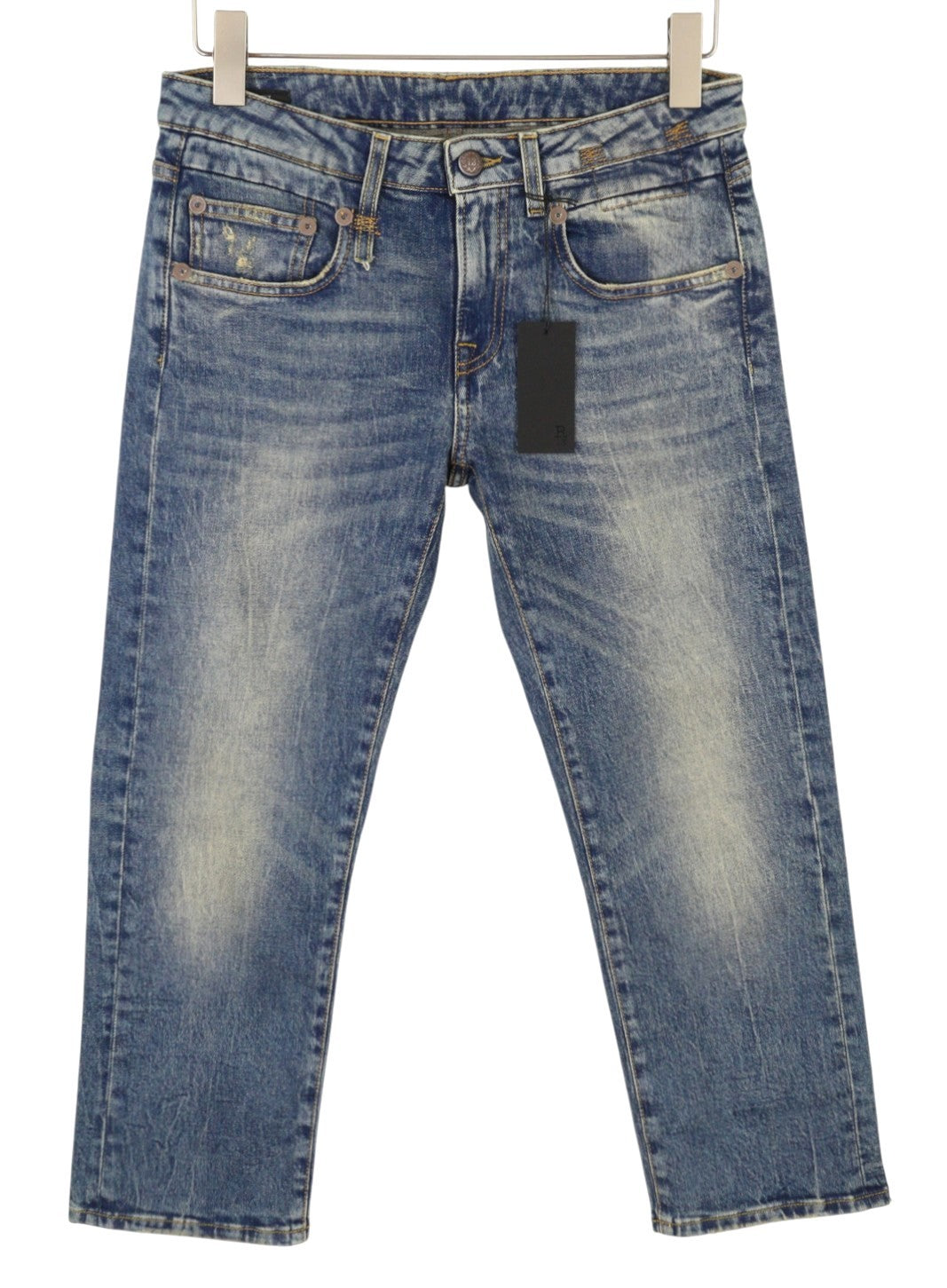 R13 berniukiški tiesūs moteriški džinsai 27 Kelly tamprūs trumpi išblukintos mėlynos spalvos džinsai RRP699 