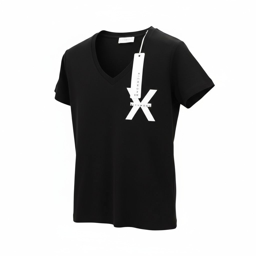 RICHMOND moteriški marškinėliai S juodi su V formos iškirpte ir trumpomis rankovėmis, laisvalaikio stiliaus, visiems metų laikams 