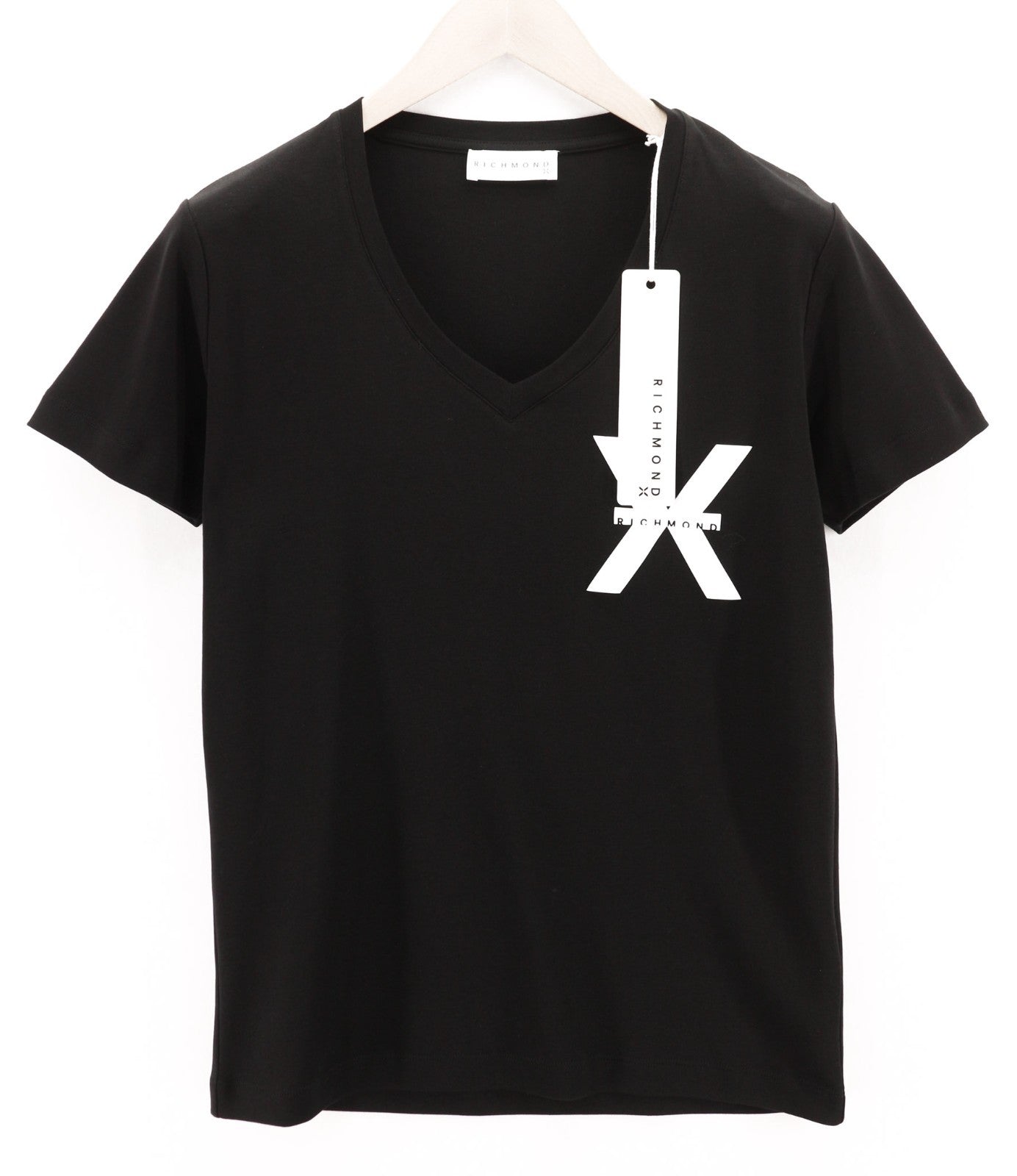 RICHMOND moteriški marškinėliai S juodi su V formos iškirpte ir trumpomis rankovėmis, laisvalaikio stiliaus, visiems metų laikams 