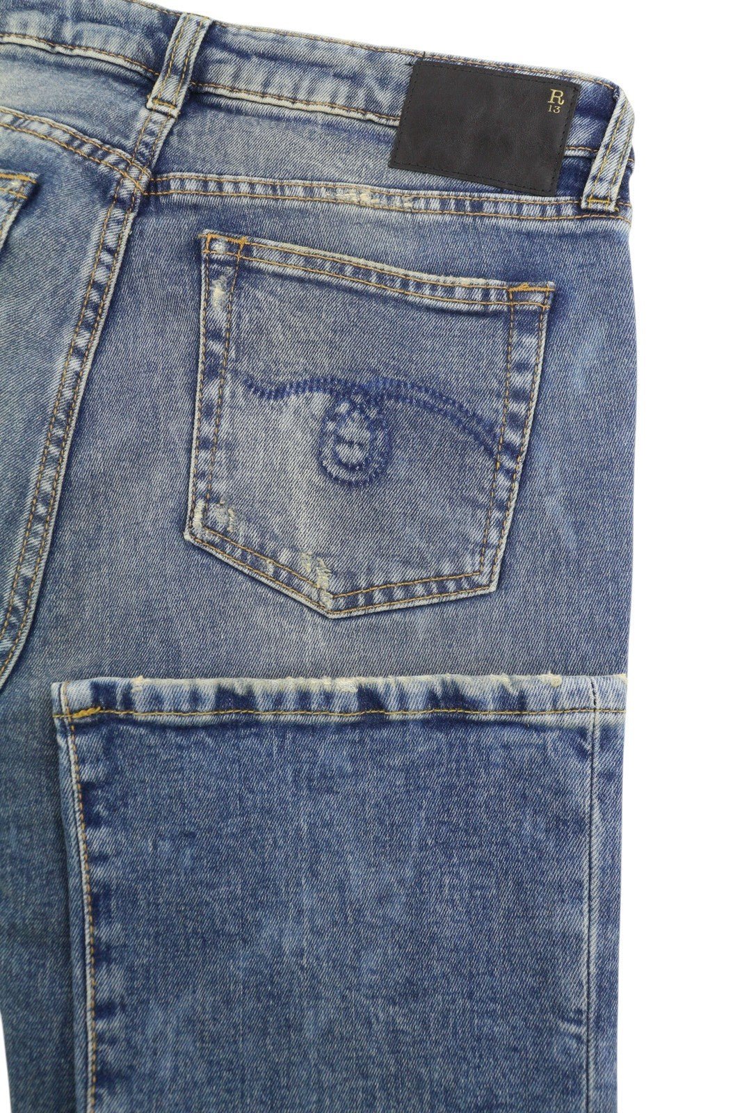 R13 Kick Fit moteriški džinsai 29 Kelly Stretch platėjančios trumpintos iki kulkšnių blukusios mėlynos spalvos RRP699 