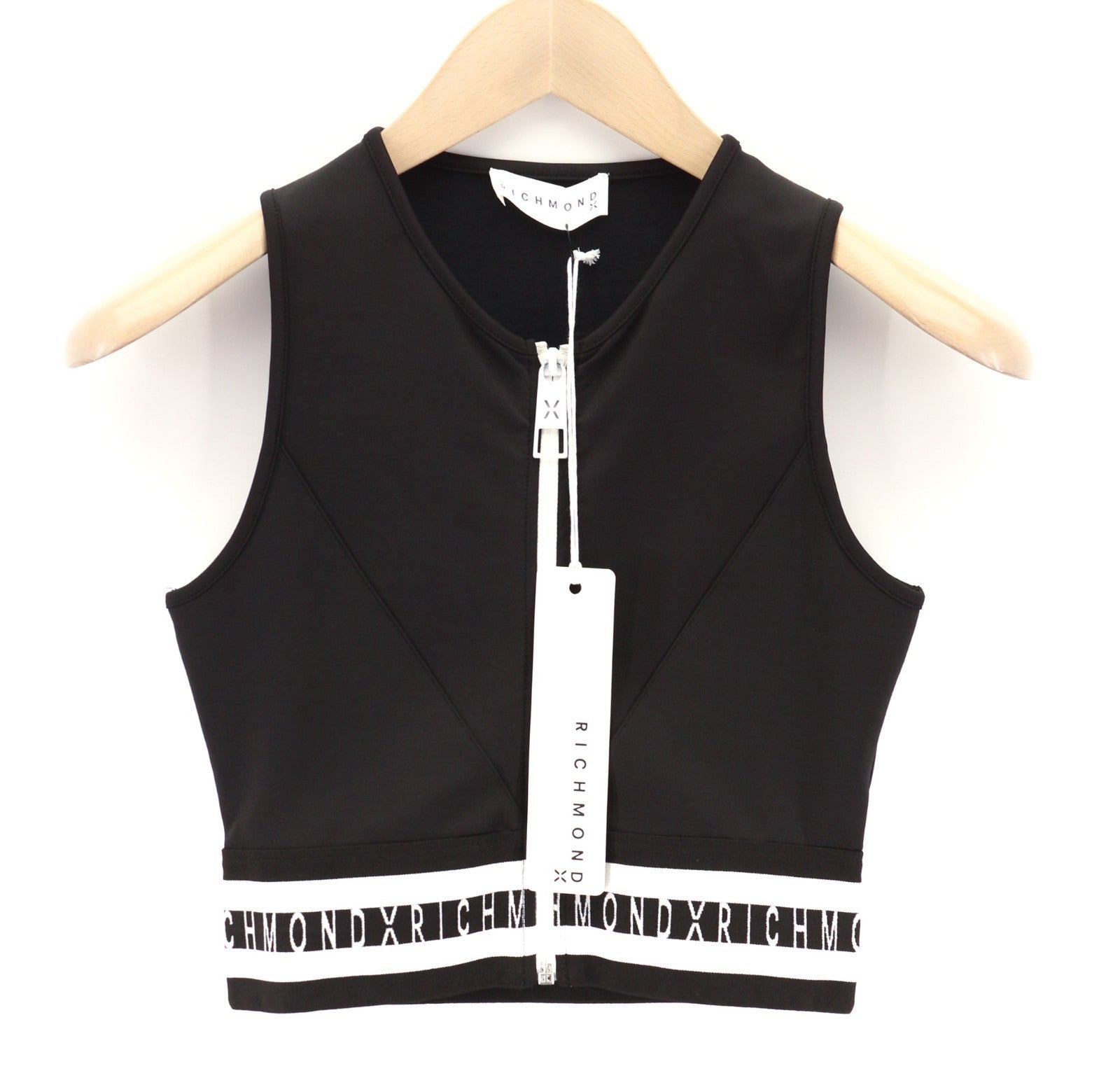 RICHMOND Fitness moteriški marškinėliai S, juodi, be rankovių, užtrauktuku, trumpi, tamprūs logotipai 