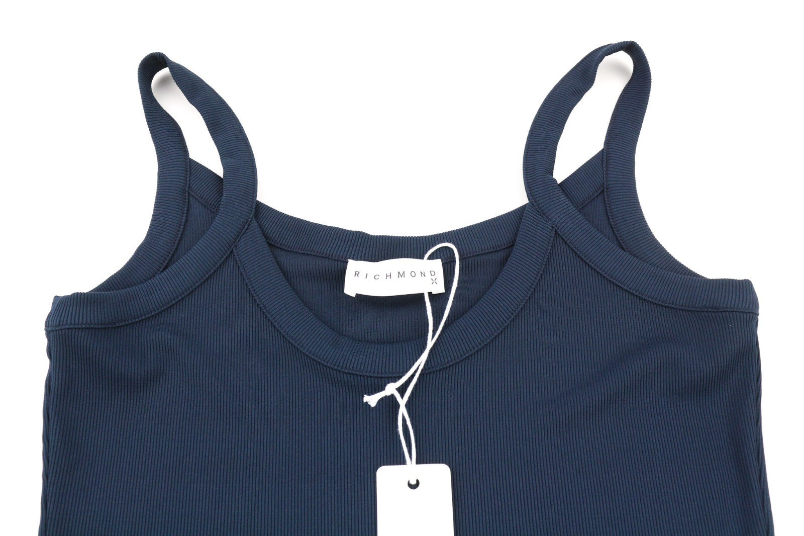 RICHMOND moteriški marškinėliai S dydžio, tamsiai mėlyni, be rankovių, briaunoti logotipu, apvalios kaklo iškirptės, įprasto dydžio 