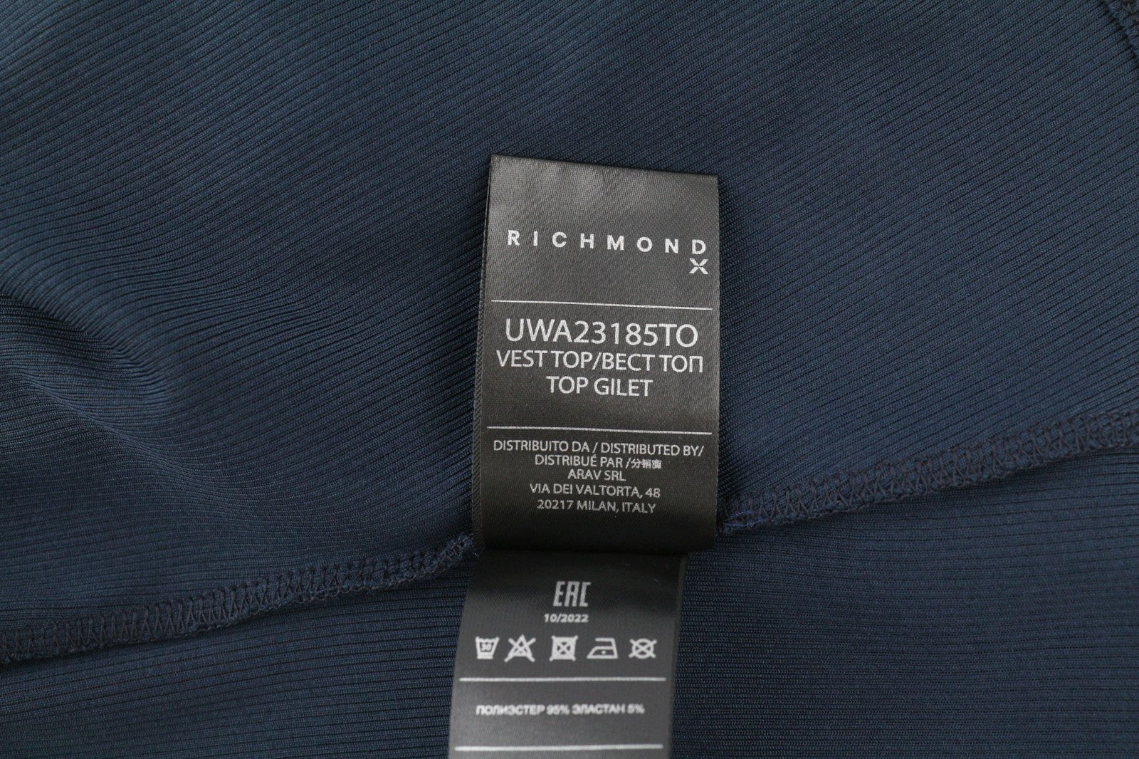 RICHMOND moteriški marškinėliai S dydžio, tamsiai mėlyni, be rankovių, briaunoti logotipu, apvalios kaklo iškirptės, įprasto dydžio 