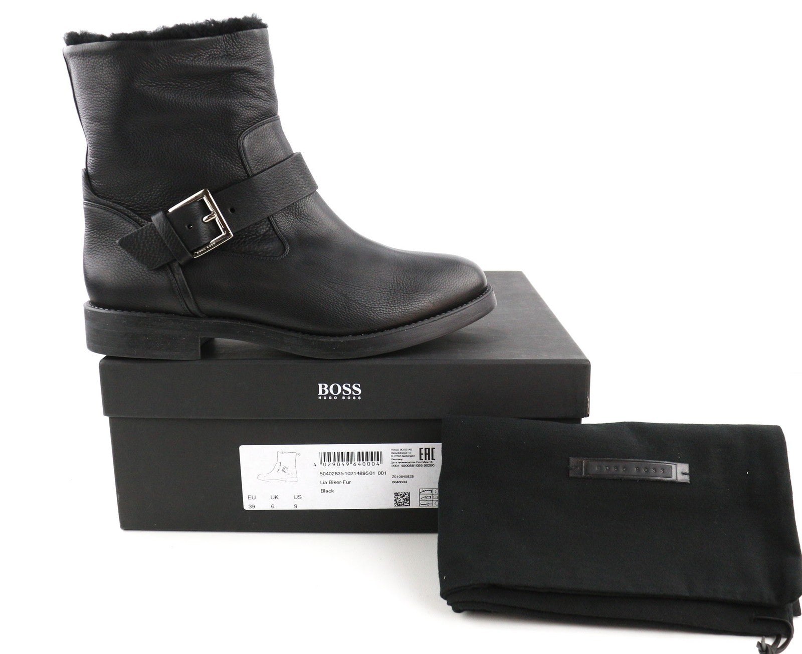 HUGO BOSS Lia Biker-Fur Women's Boots EU39 Black Leather Real Fur Buckled