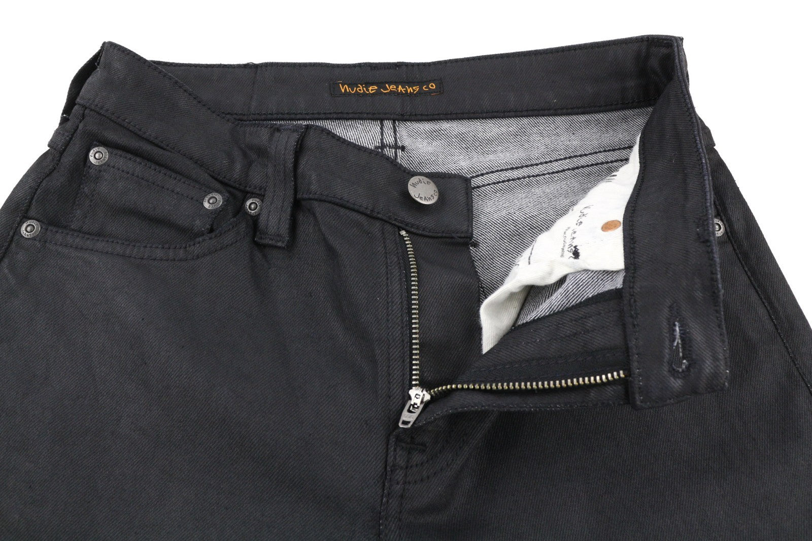 NUDIE JEANS vyriški aptempti džinsai W28/L32 juodi su juodu dengtu užtrauktuku, ekologiški 