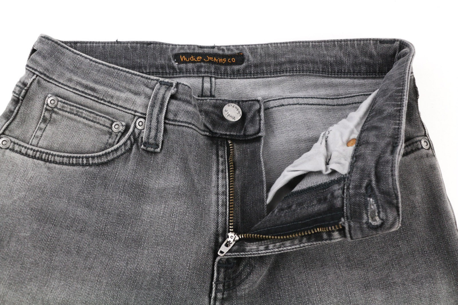 NUDIE JEANS Skinny Lin vyriški džinsai W28/L34 Grey Wolf Washed Stretch Denim Logo 