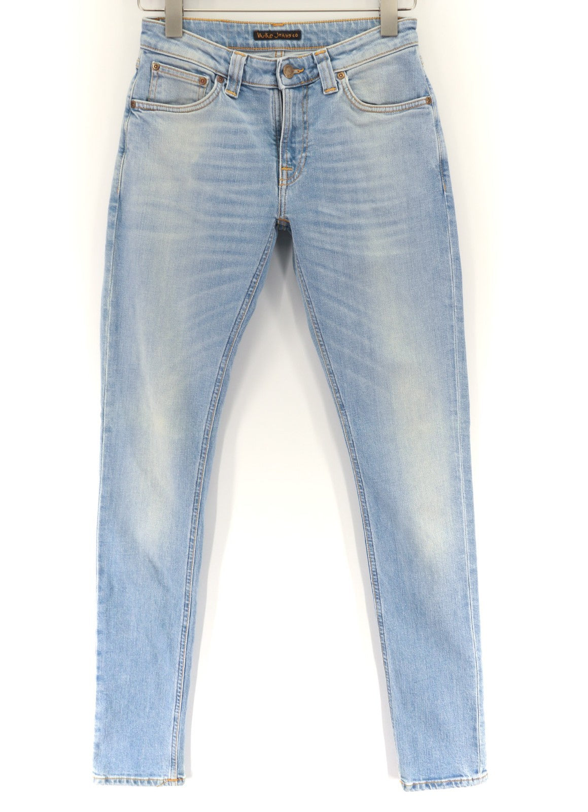 NUDIE JEANS Skinny Lin šviesiai oranžiniai vyriški džinsai W28/L34 organinės medvilnės užtrauktuku 