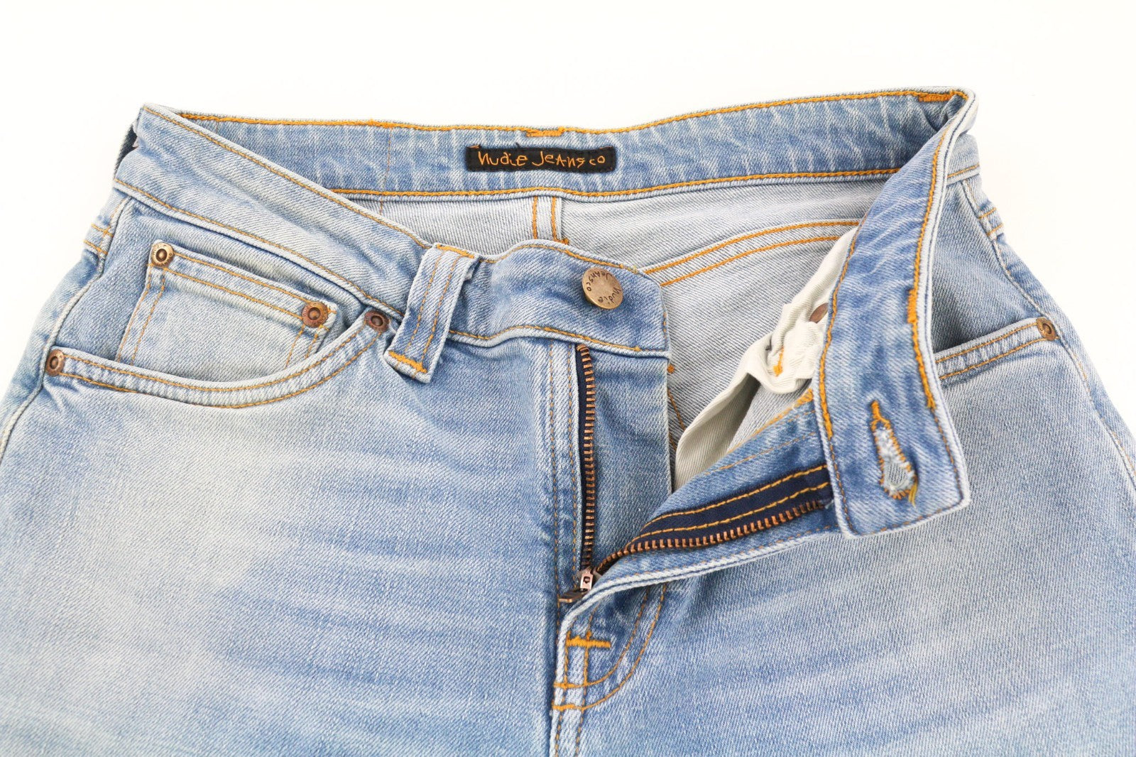 NUDIE JEANS Skinny Lin šviesiai oranžiniai vyriški džinsai W28/L34 organinės medvilnės užtrauktuku 