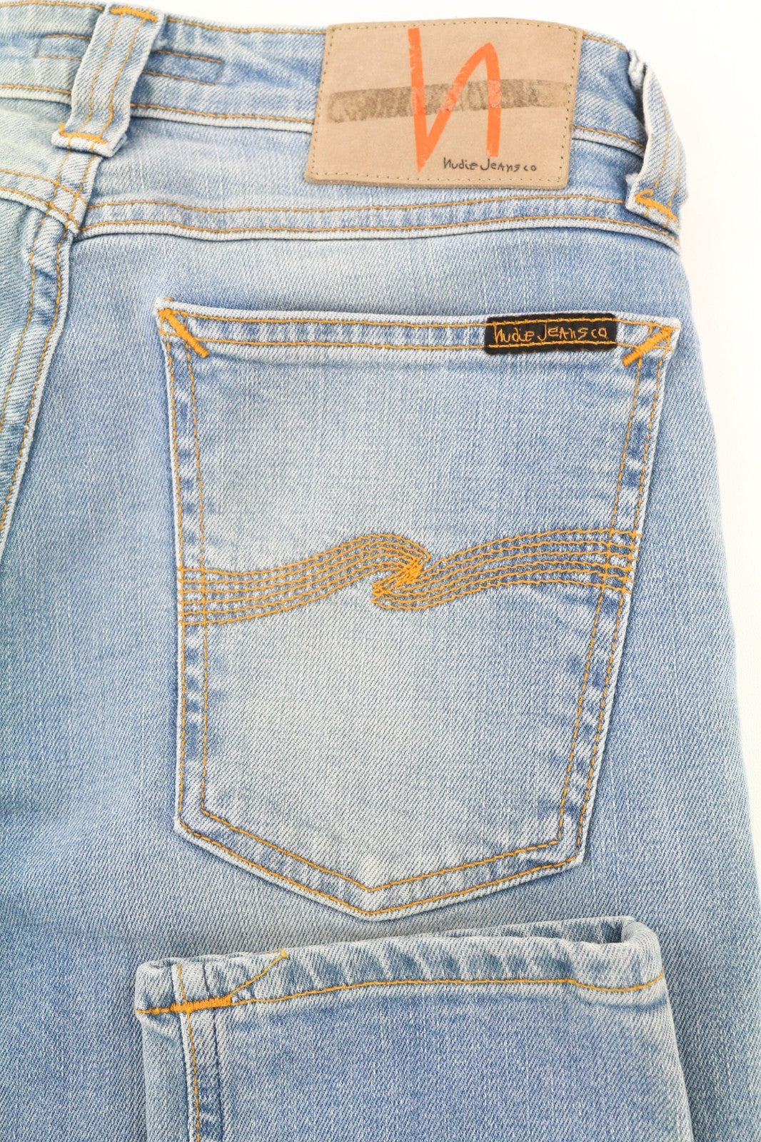 NUDIE JEANS Skinny Lin šviesiai oranžiniai vyriški džinsai W28/L34 organinės medvilnės užtrauktuku 