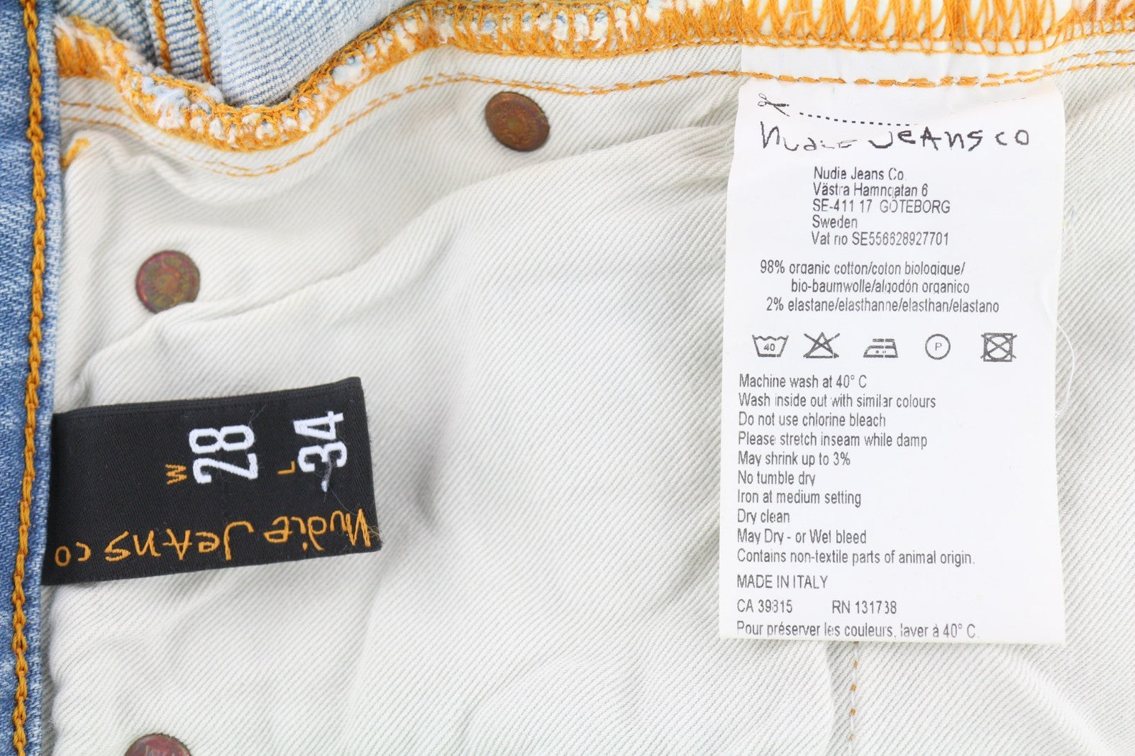 NUDIE JEANS Skinny Lin šviesiai oranžiniai vyriški džinsai W28/L34 organinės medvilnės užtrauktuku 