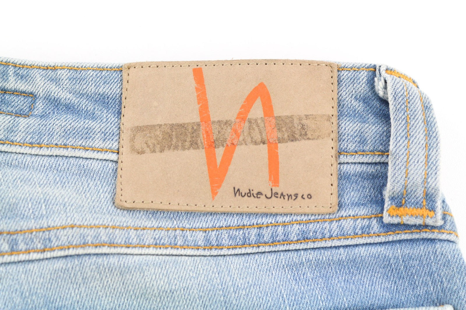 NUDIE JEANS Skinny Lin šviesiai oranžiniai vyriški džinsai W28/L34 organinės medvilnės užtrauktuku 