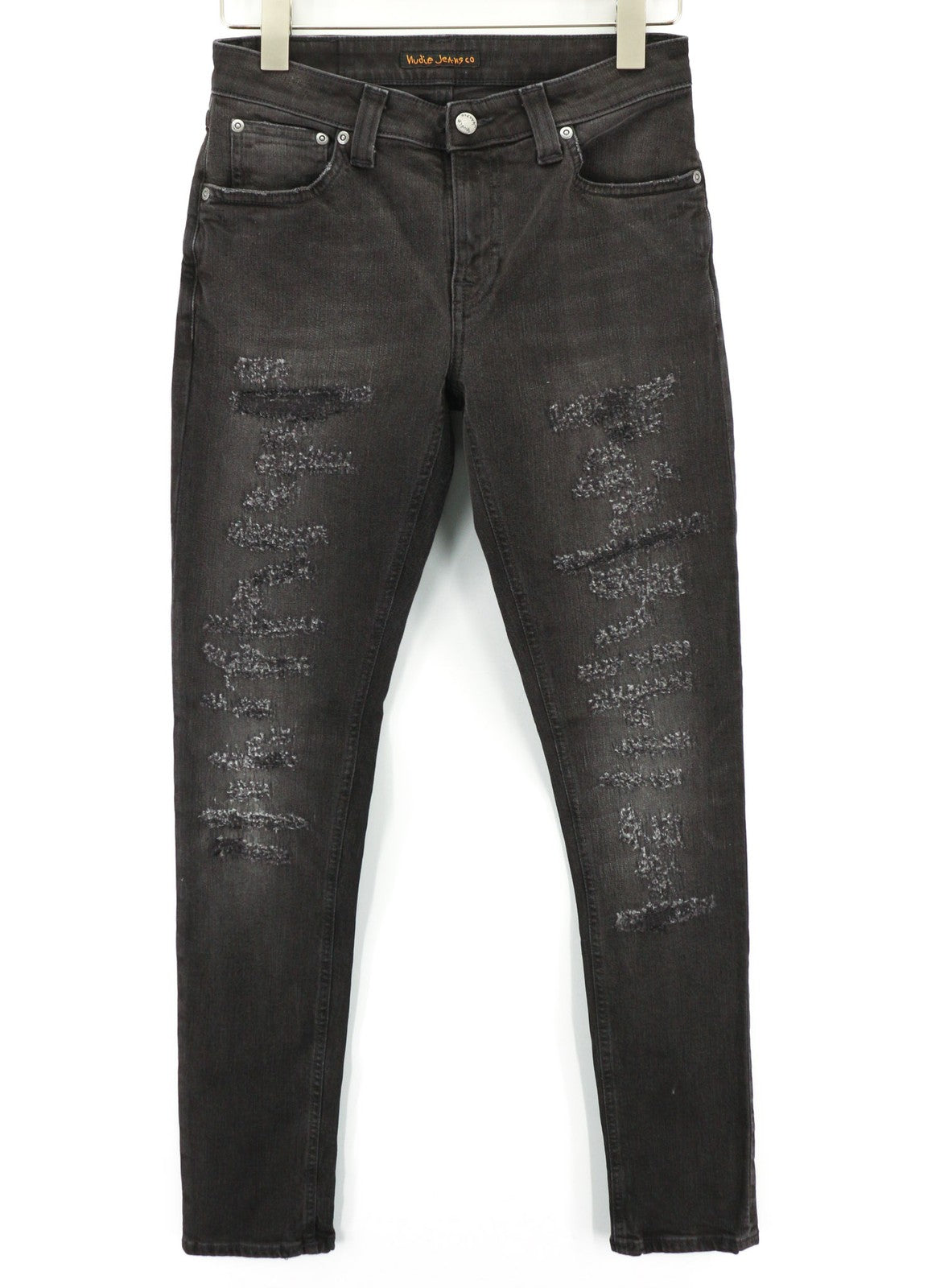 NUDIE JEANS Skinny Lin dėvėti juodi vyriški džinsai W29/L32 su apgadintais ūsais ir užtrauktuku 