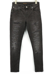 NUDIE JEANS Skinny Lin dėvėti juodi vyriški džinsai W29/L32 su apgadintais ūsais ir užtrauktuku 