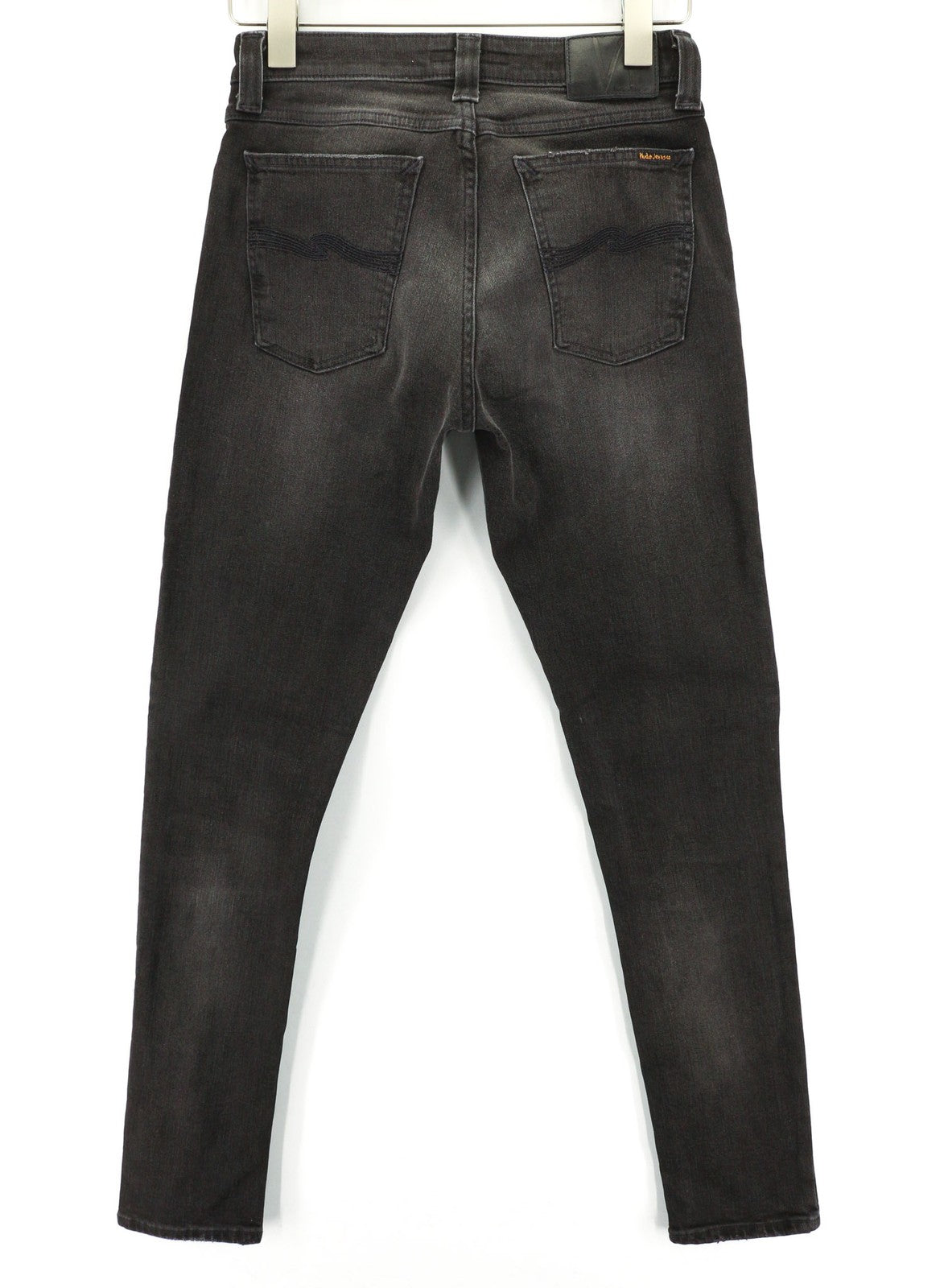 NUDIE JEANS Skinny Lin dėvėti juodi vyriški džinsai W29/L32 su apgadintais ūsais ir užtrauktuku 