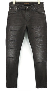 NUDIE JEANS Skinny Lin dėvėti juodi vyriški džinsai W30/L32 su kišenėmis, išblukę, dirbtinio apipavidalinimo 
