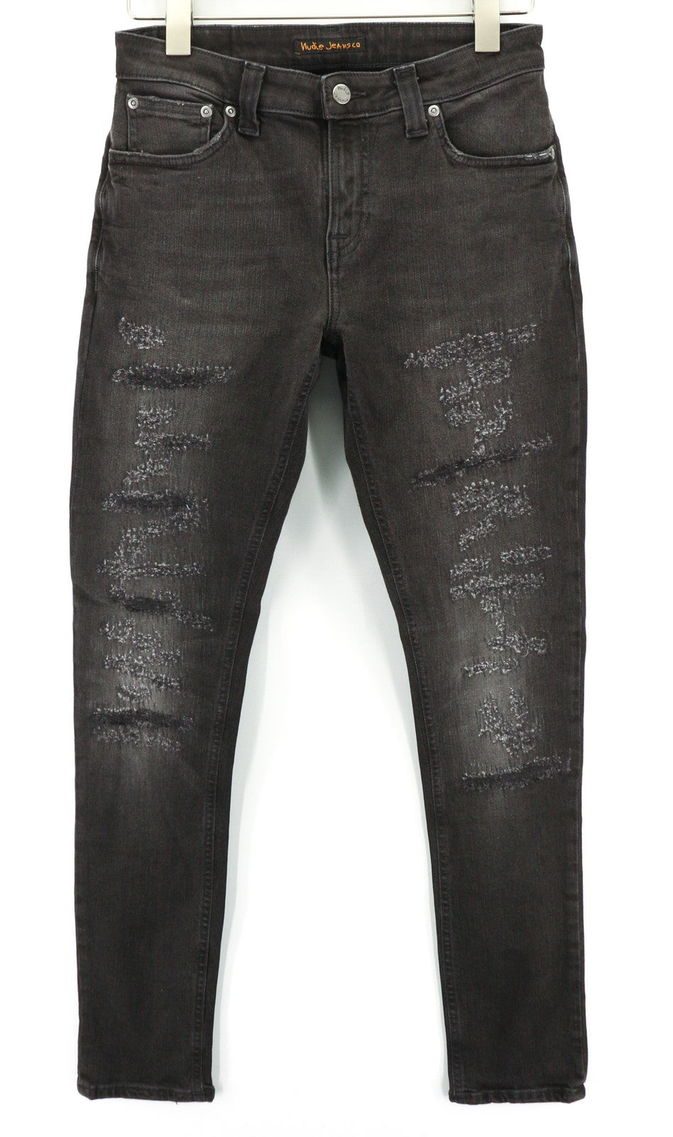 NUDIE JEANS Skinny Lin dėvėti juodi vyriški džinsai W30/L32 su kišenėmis, išblukę, dirbtinio apipavidalinimo 