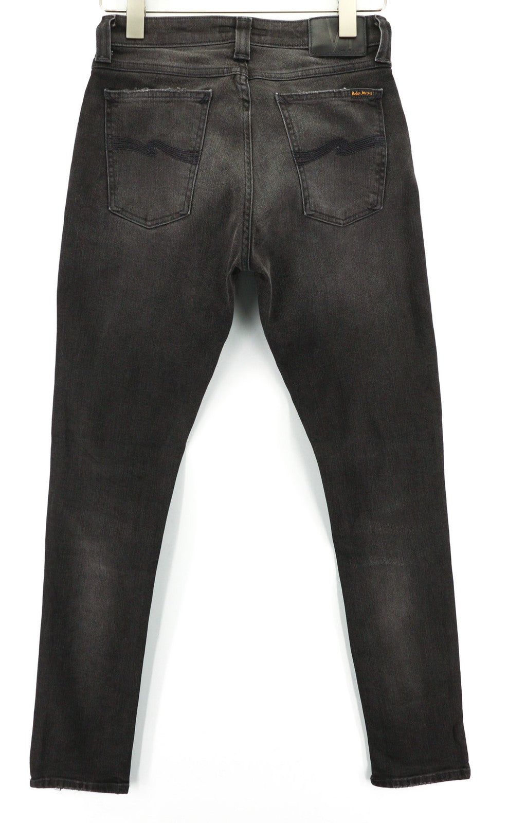 NUDIE JEANS Skinny Lin dėvėti juodi vyriški džinsai W30/L32 su kišenėmis, išblukę, dirbtinio apipavidalinimo 