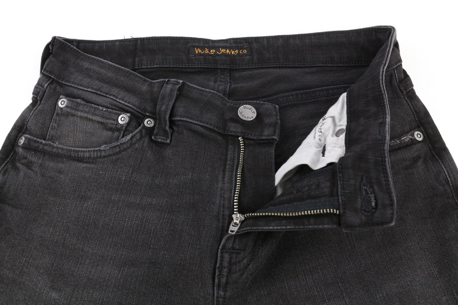 NUDIE JEANS Skinny Lin dėvėti juodi vyriški džinsai W30/L32 su kišenėmis, išblukę, dirbtinio apipavidalinimo 