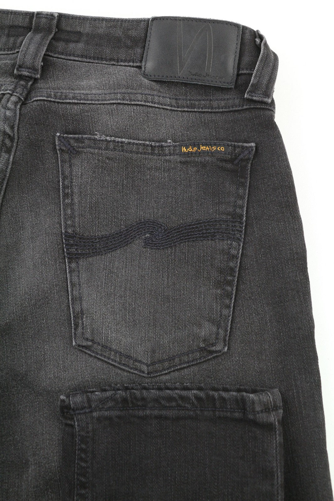 NUDIE JEANS Skinny Lin dėvėti juodi vyriški džinsai W30/L32 su kišenėmis, išblukę, dirbtinio apipavidalinimo 