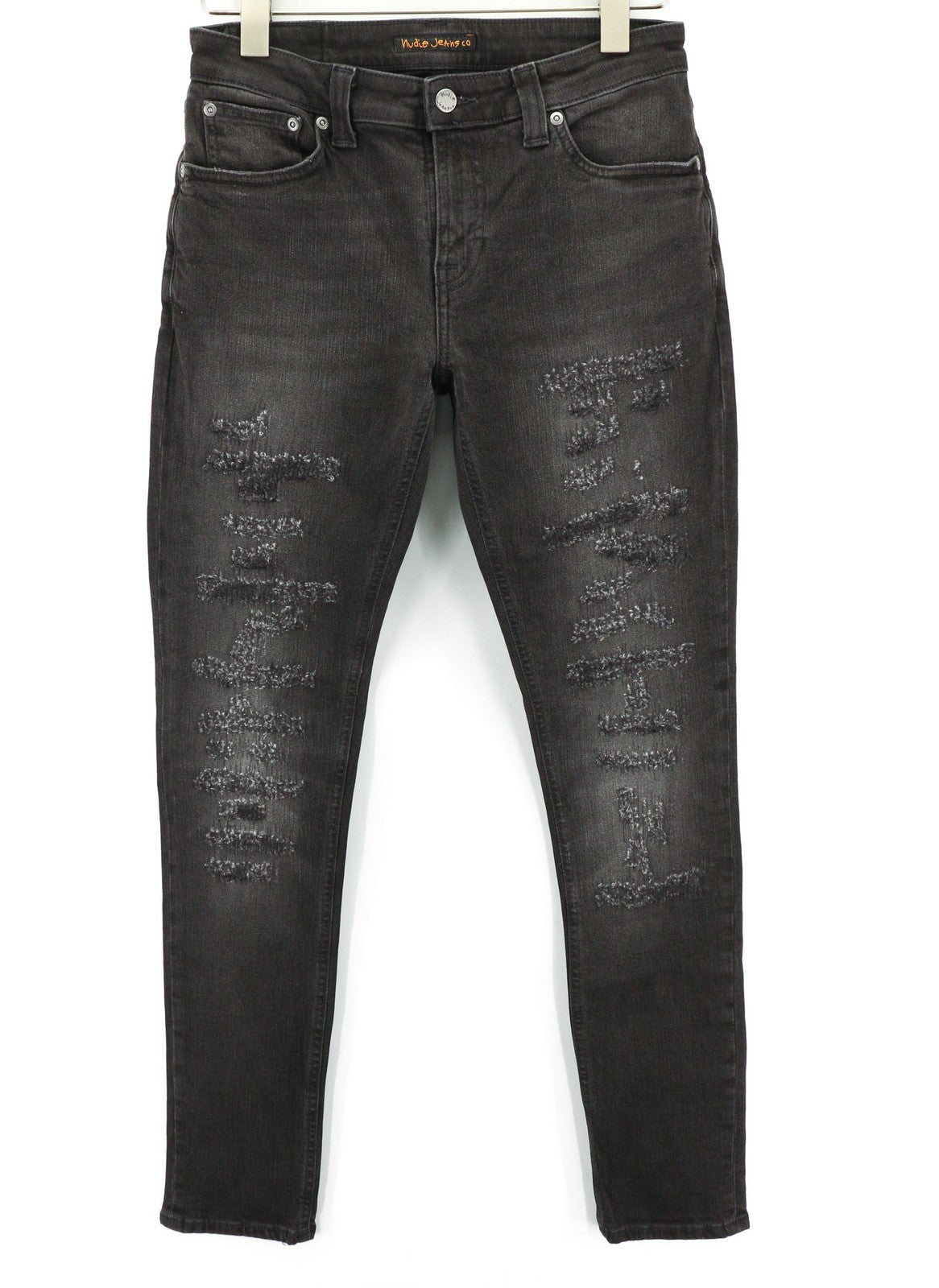 NUDIE JEANS Skinny Lin dėvėti juodi vyriški džinsai W30/L32 dėvėti laisvalaikio stiliaus, išblukę 