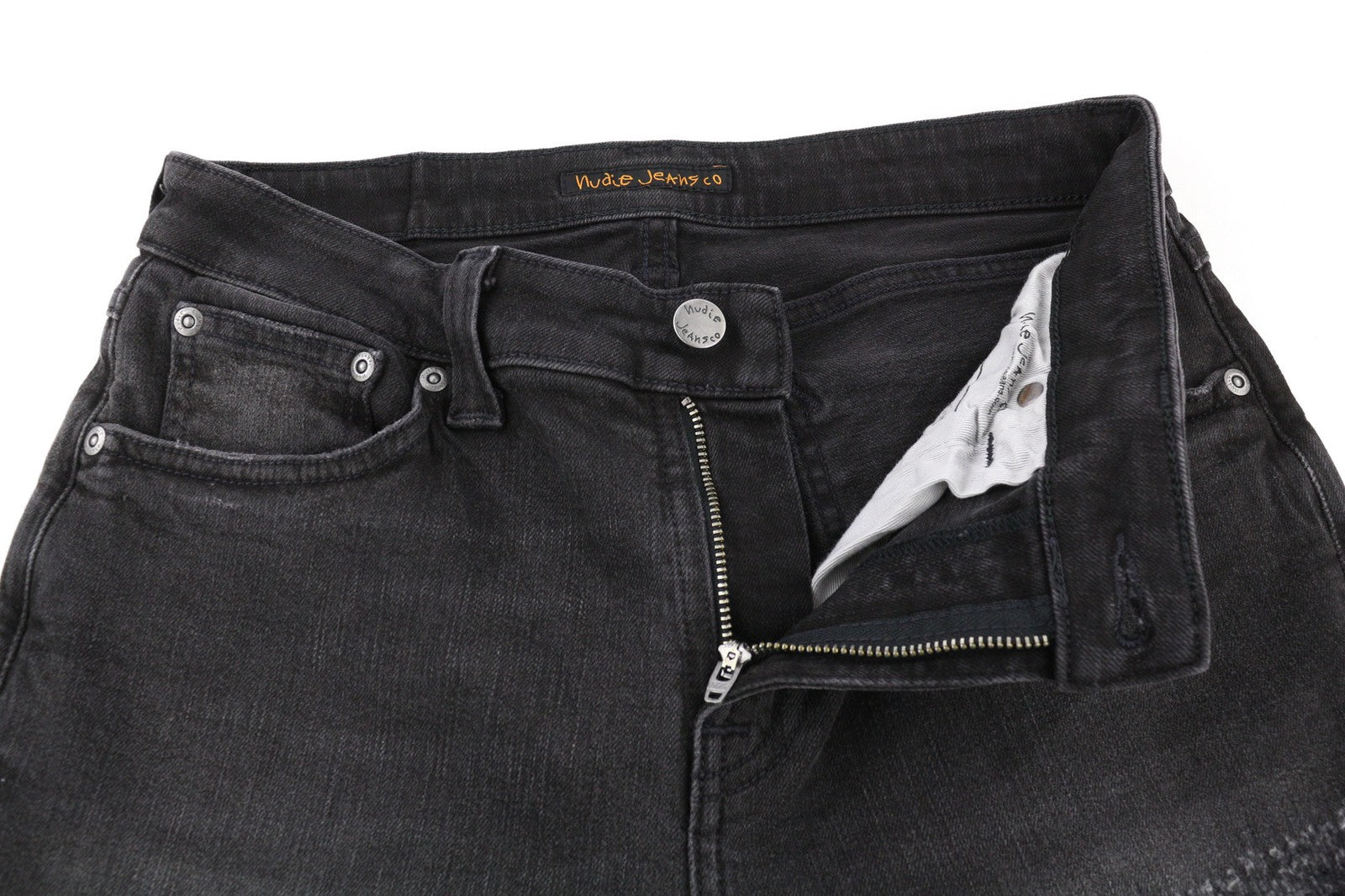 NUDIE JEANS Skinny Lin dėvėti juodi vyriški džinsai W30/L32 dėvėti laisvalaikio stiliaus, išblukę 