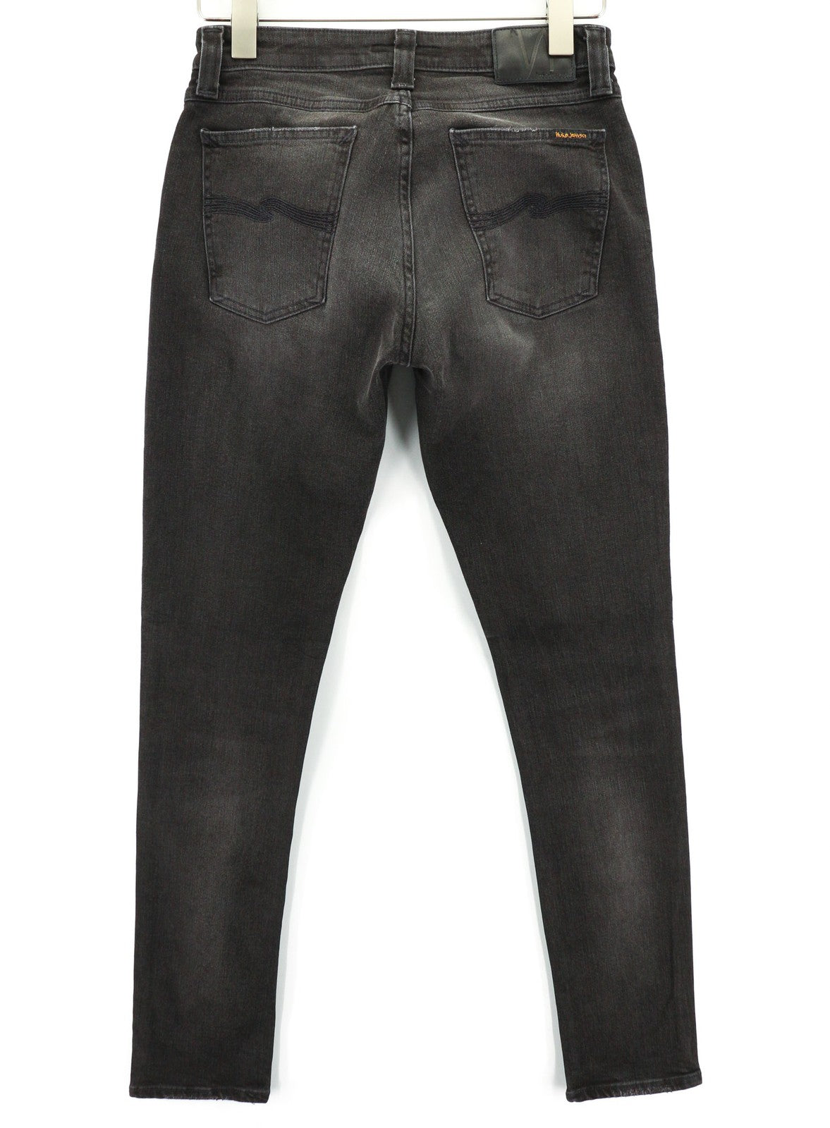 NUDIE JEANS Skinny Lin dėvėti juodi vyriški džinsai W30/L32 išblukusi medvilnė 