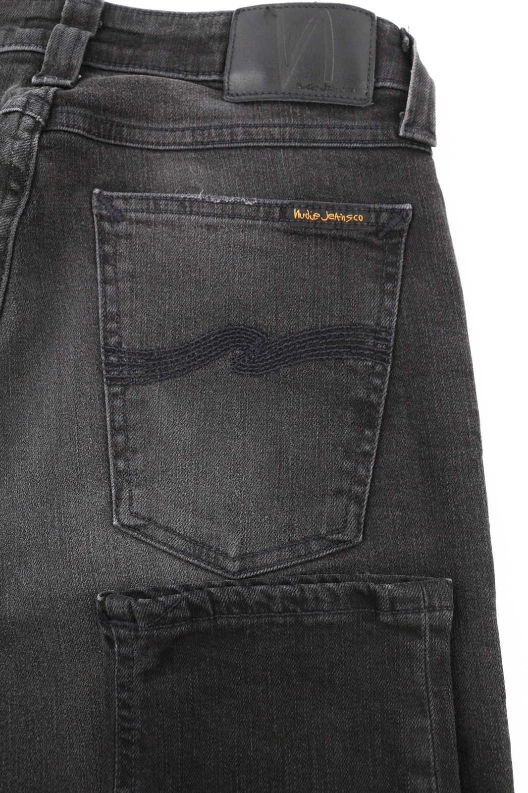 NUDIE JEANS Skinny Lin dėvėti juodi vyriški džinsai W30/L32 išblukusi medvilnė 