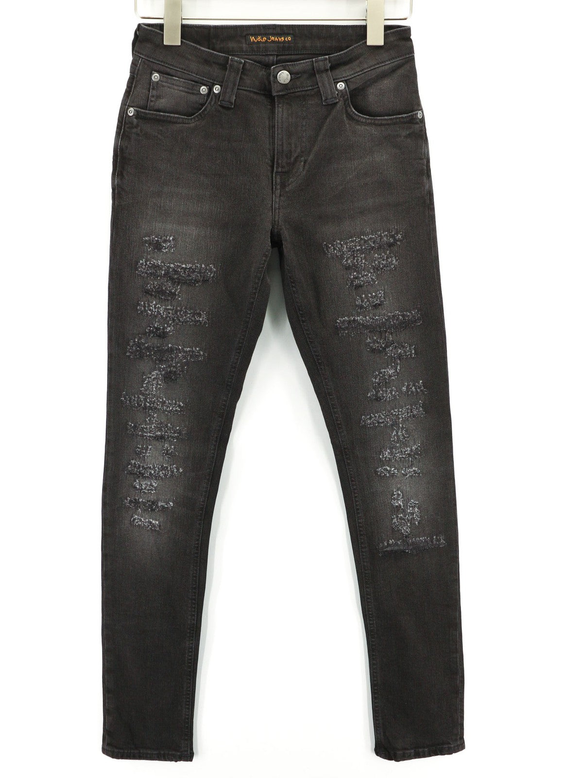 NUDIE JEANS Skinny Lin dėvėti juodi vyriški džinsai W28/L32 medvilninis subraižytas džinsas 