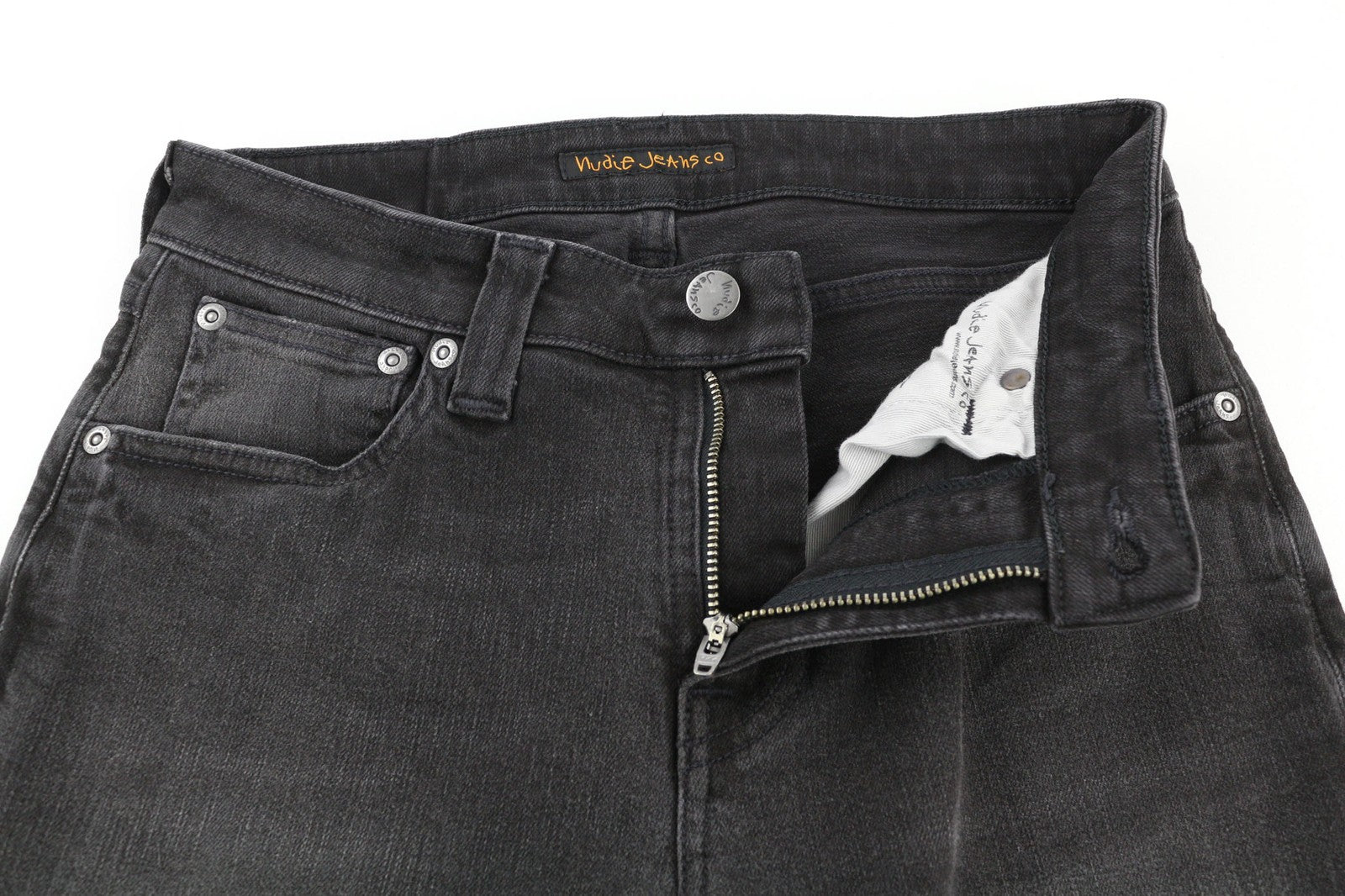 NUDIE JEANS Skinny Lin dėvėti juodi vyriški džinsai W28/L32 medvilninis subraižytas džinsas 