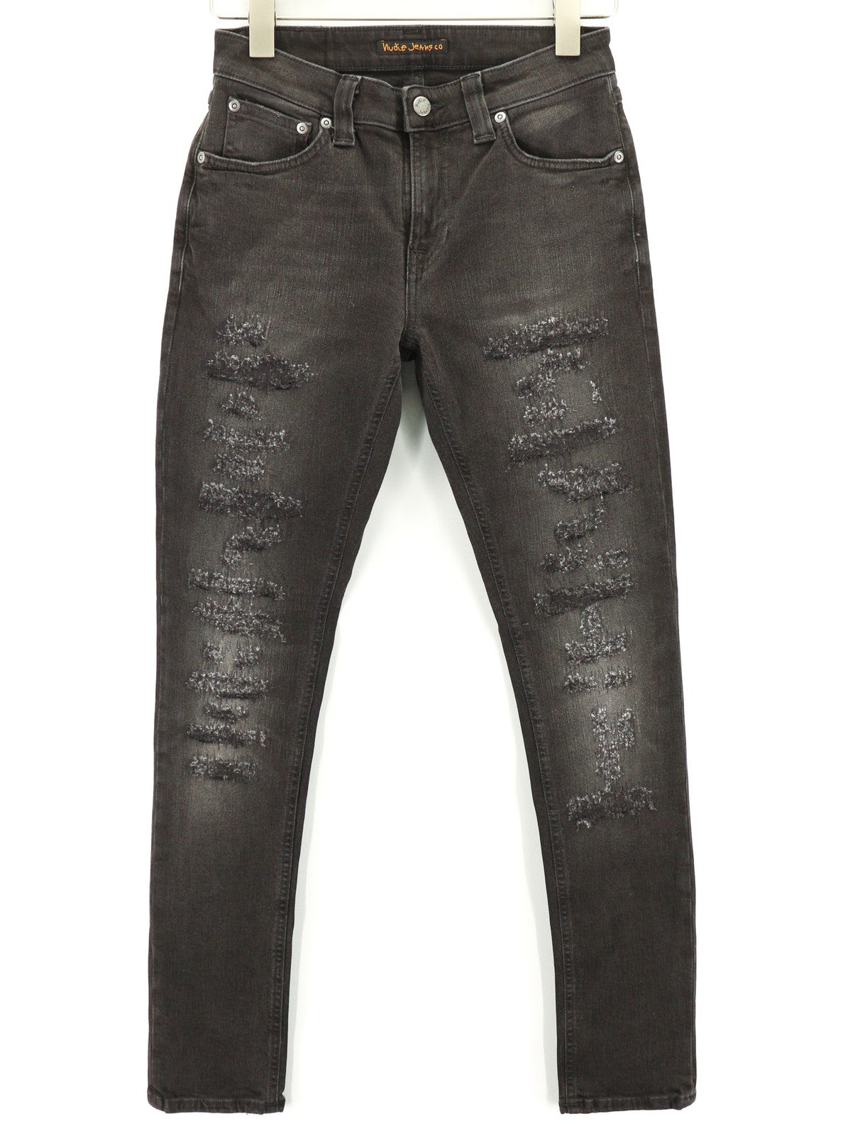 NUDIE JEANS Skinny Lin dėvėti juodi vyriški džinsai W28/L32 su pažeistomis kišenėmis ir išblukusiomis detalėmis 