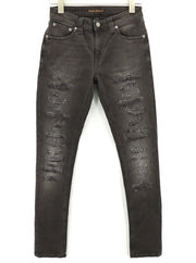 NUDIE JEANS Skinny Lin dėvėti juodi vyriški džinsai W28/L32 su pažeistomis kišenėmis ir išblukusiomis detalėmis 