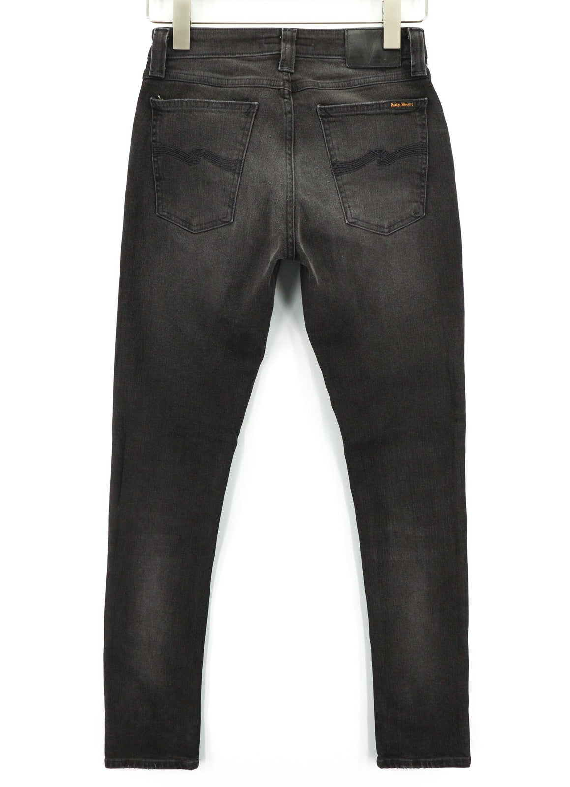 NUDIE JEANS Skinny Lin dėvėti juodi vyriški džinsai W28/L32 su pažeistomis kišenėmis ir išblukusiomis detalėmis 