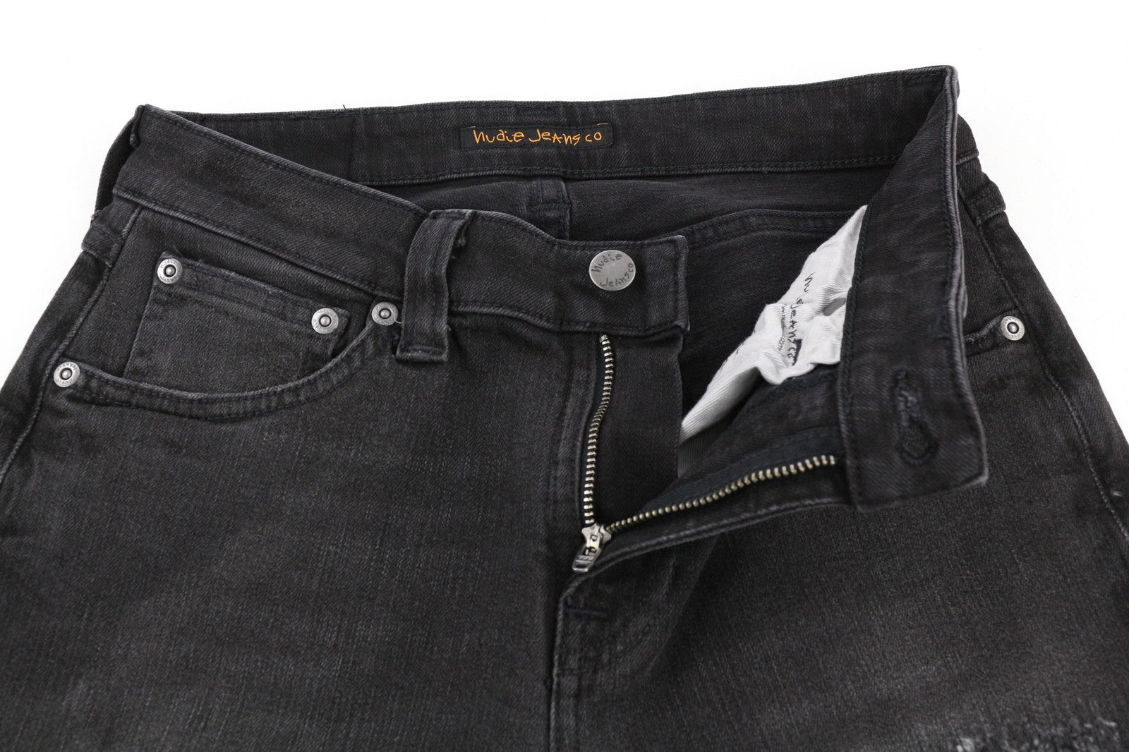 NUDIE JEANS Skinny Lin dėvėti juodi vyriški džinsai W28/L32 su pažeistomis kišenėmis ir išblukusiomis detalėmis 