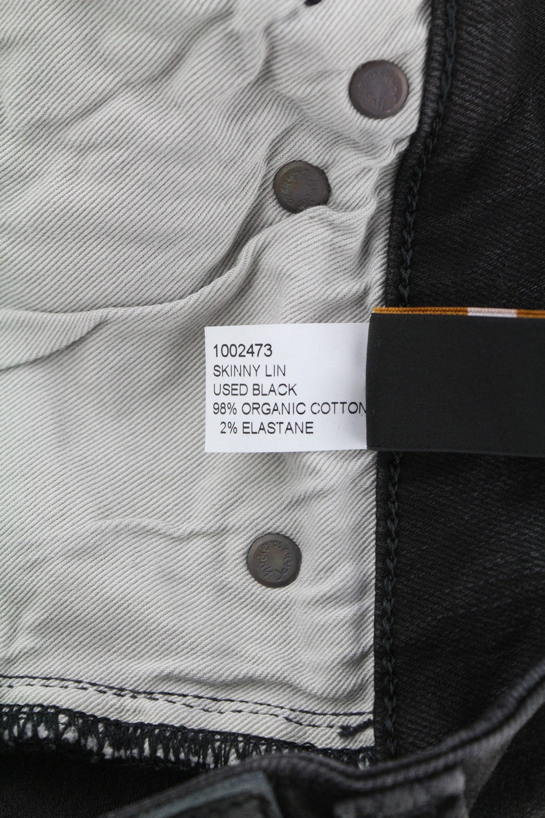 NUDIE JEANS Skinny Lin dėvėti juodi vyriški džinsai W28/L32 su pažeistomis kišenėmis ir išblukusiomis detalėmis 