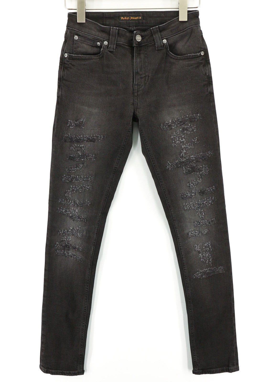 NUDIE JEANS Skinny Lin dėvėti juodi vyriški džinsai W28/L32 išblukusi medvilnė 