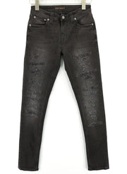 NUDIE JEANS Skinny Lin dėvėti juodi vyriški džinsai W28/L32 išblukusi medvilnė 