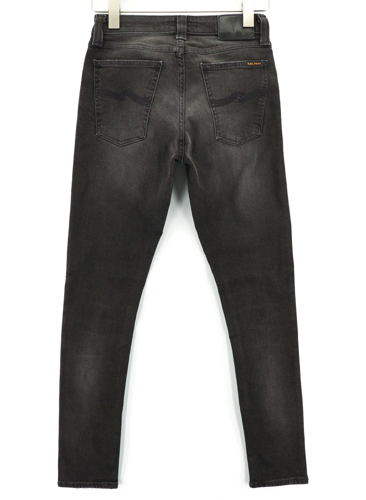 NUDIE JEANS Skinny Lin dėvėti juodi vyriški džinsai W28/L32 išblukusi medvilnė 